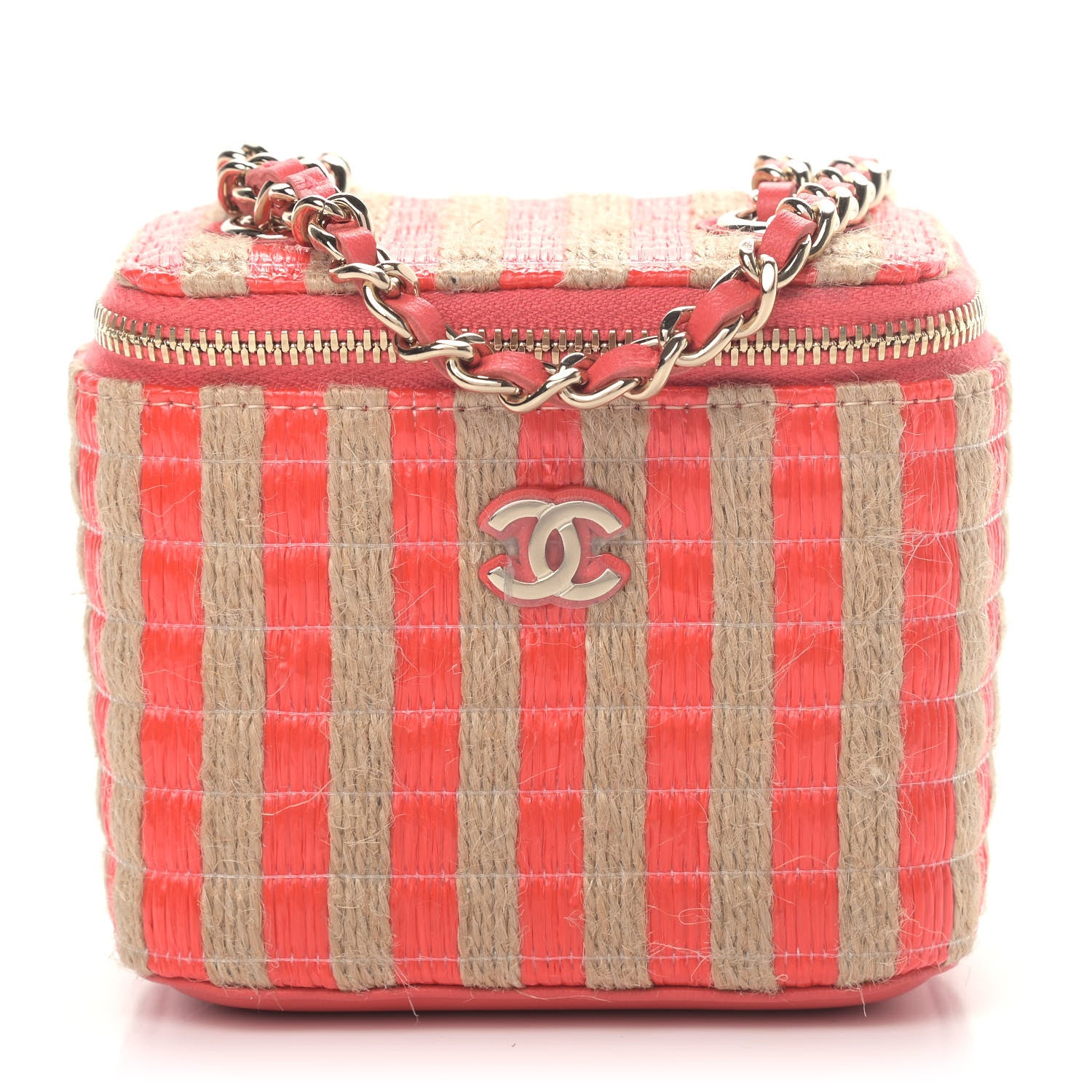 Chanel Raffia Jute Striped Mini Vanity Case With Chain Red Beige 1 of 4