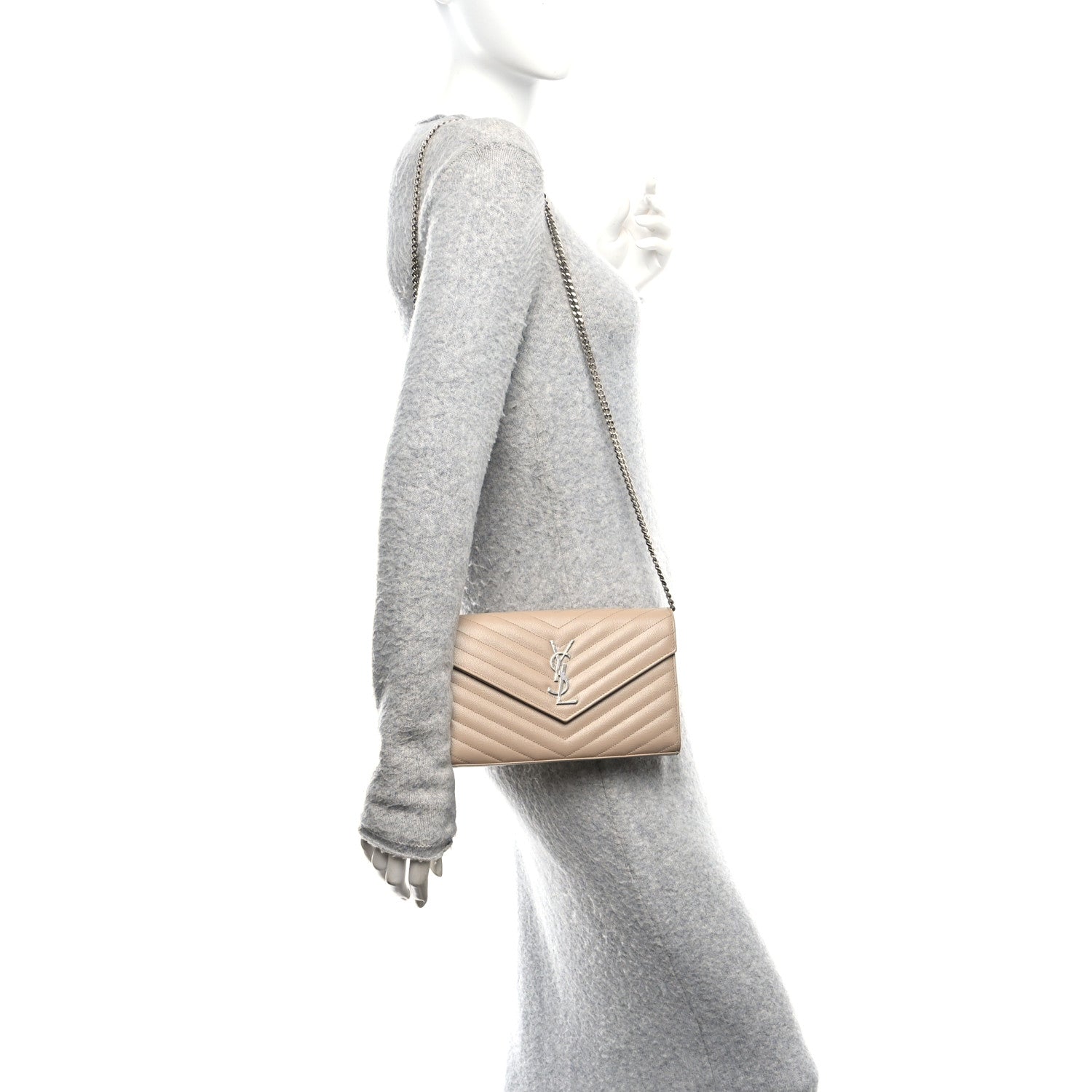 Saint Laurent Grain De Poudre Matelasse Chevron Monogram Chain Wallet Dark Beige 2 of 10