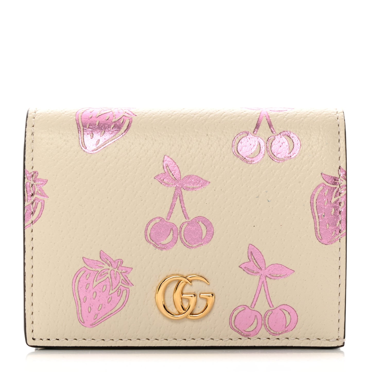 Textured Dollar Calfskin Berry Print GG Marmont Card Case Mystic White Light Pink