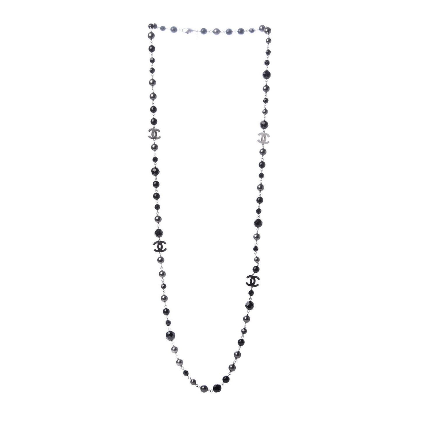 Ruthenium Pearl Beaded CC Long Necklace Black
