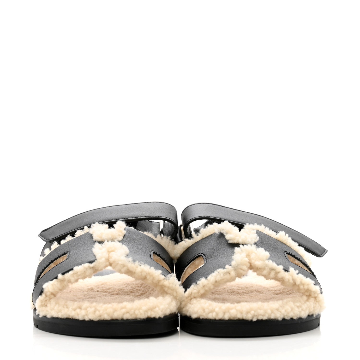 Hermes Calfskin Woolskin Chypre Sandals 37 Black Ecru 3 of 11