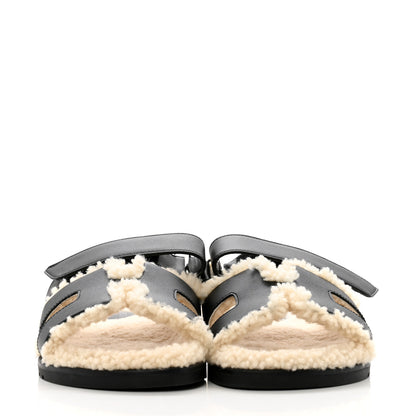 Hermes Calfskin Woolskin Chypre Sandals 37 Black Ecru 3 of 11