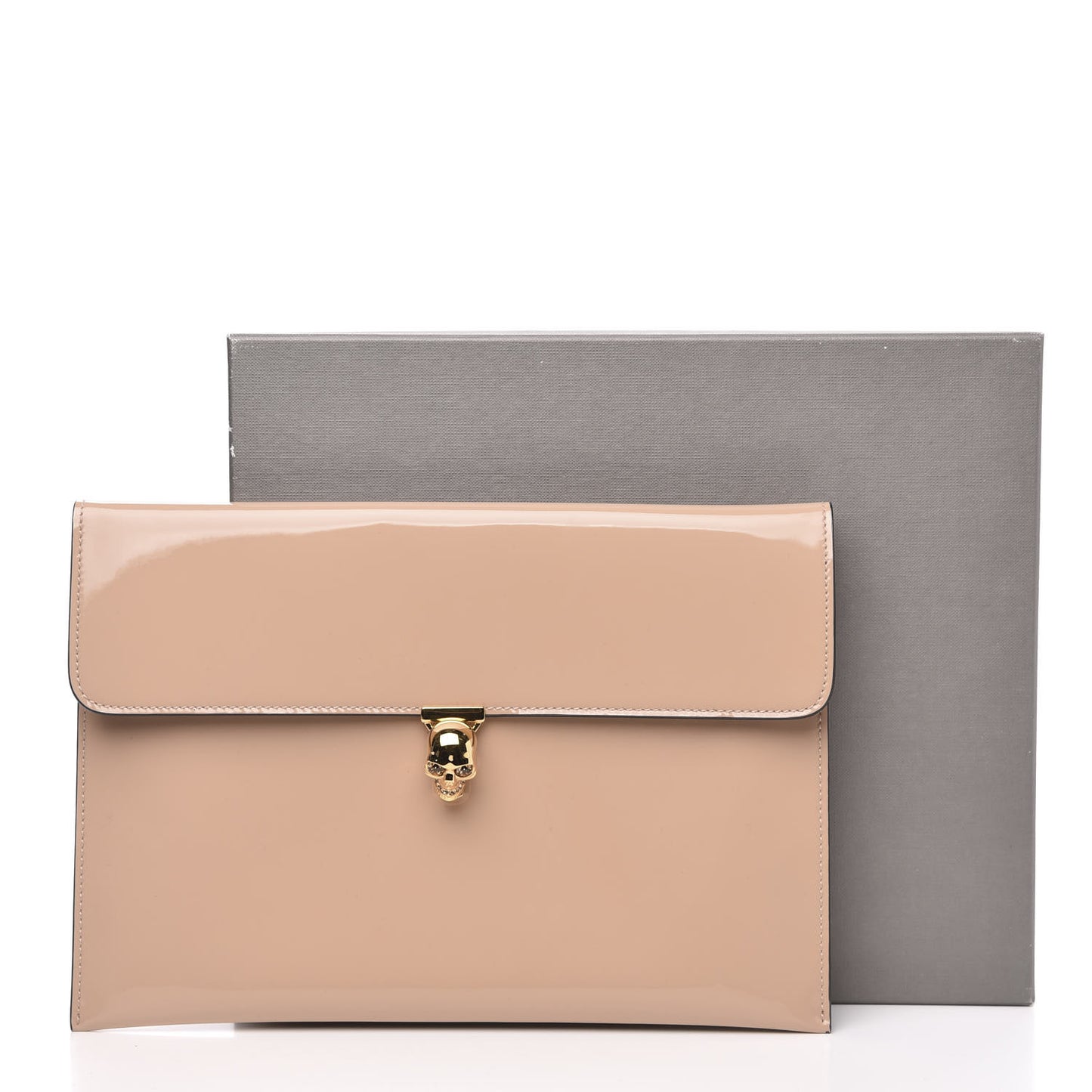 Patent Skull Lock Envelope Clutch Nude