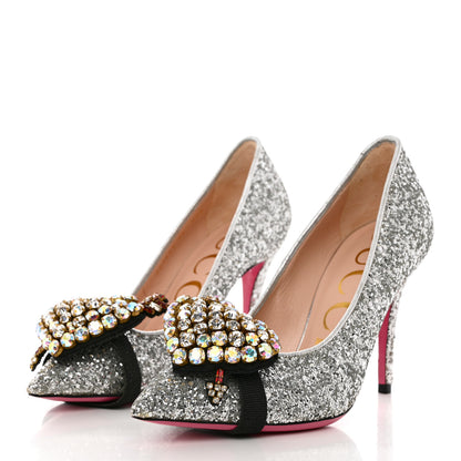 Gucci Nappa Silk Glitter Removable Crystal Heart Pumps 36 Argento 3 of 9