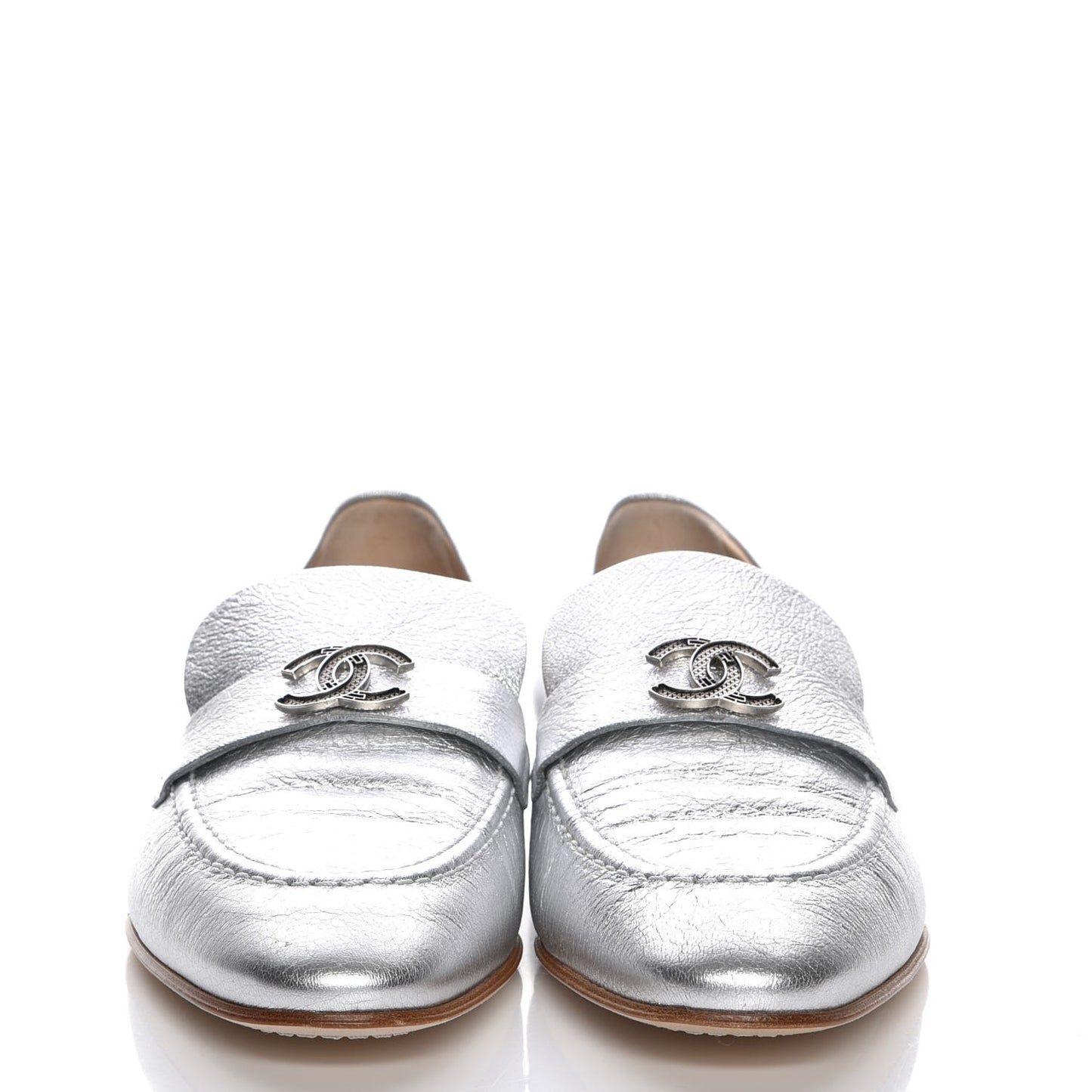 Crackled Goatskin Laminated CC Loafers 39 Silver