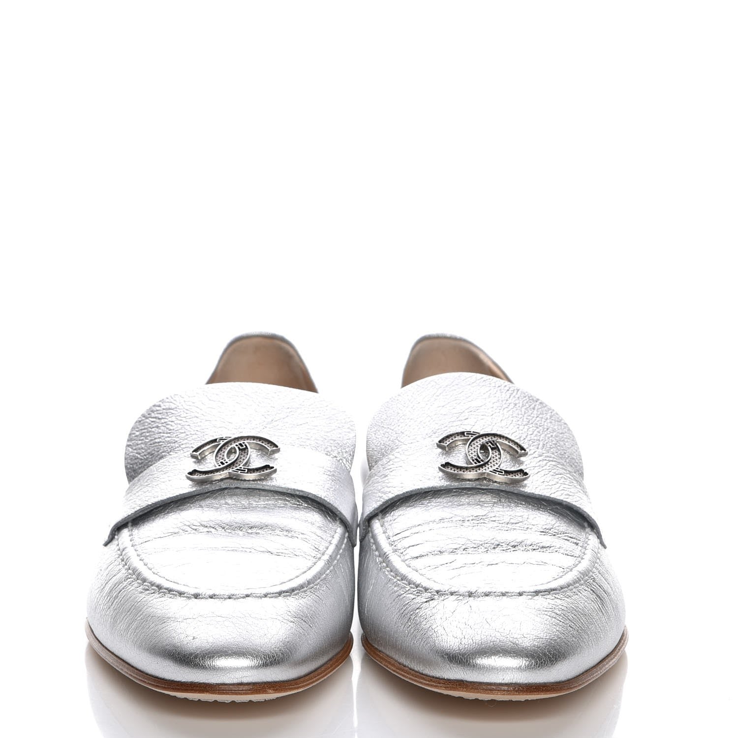 Chanel Crackled Goatskin Laminated CC Loafers 39 Silver 2 of 10