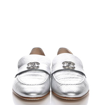 Chanel Crackled Goatskin Laminated CC Loafers 39 Silver 2 of 10