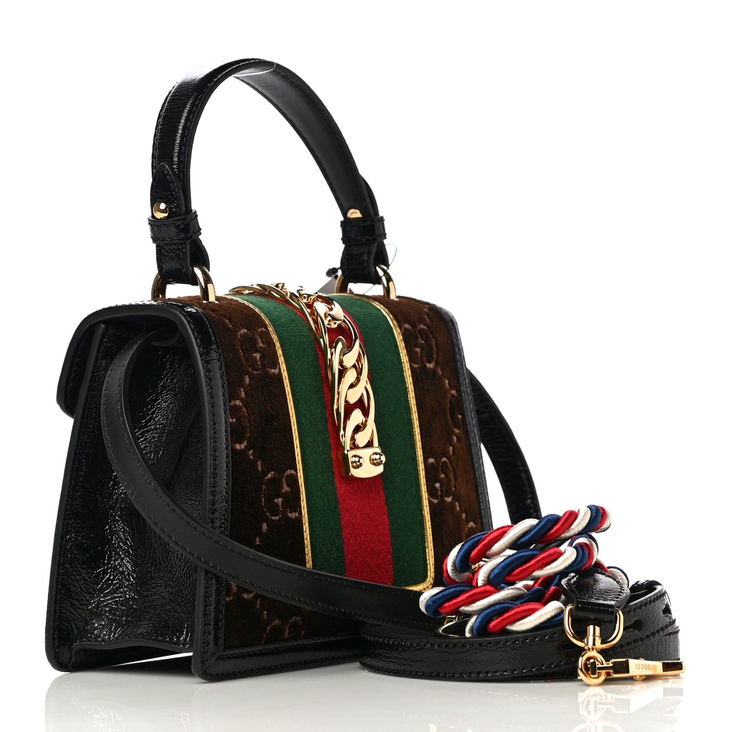 Gucci Velvet GG Monogram Web Mini Sylvie Top Handle Bag Brown Black Oro Vecchio 3 of 11