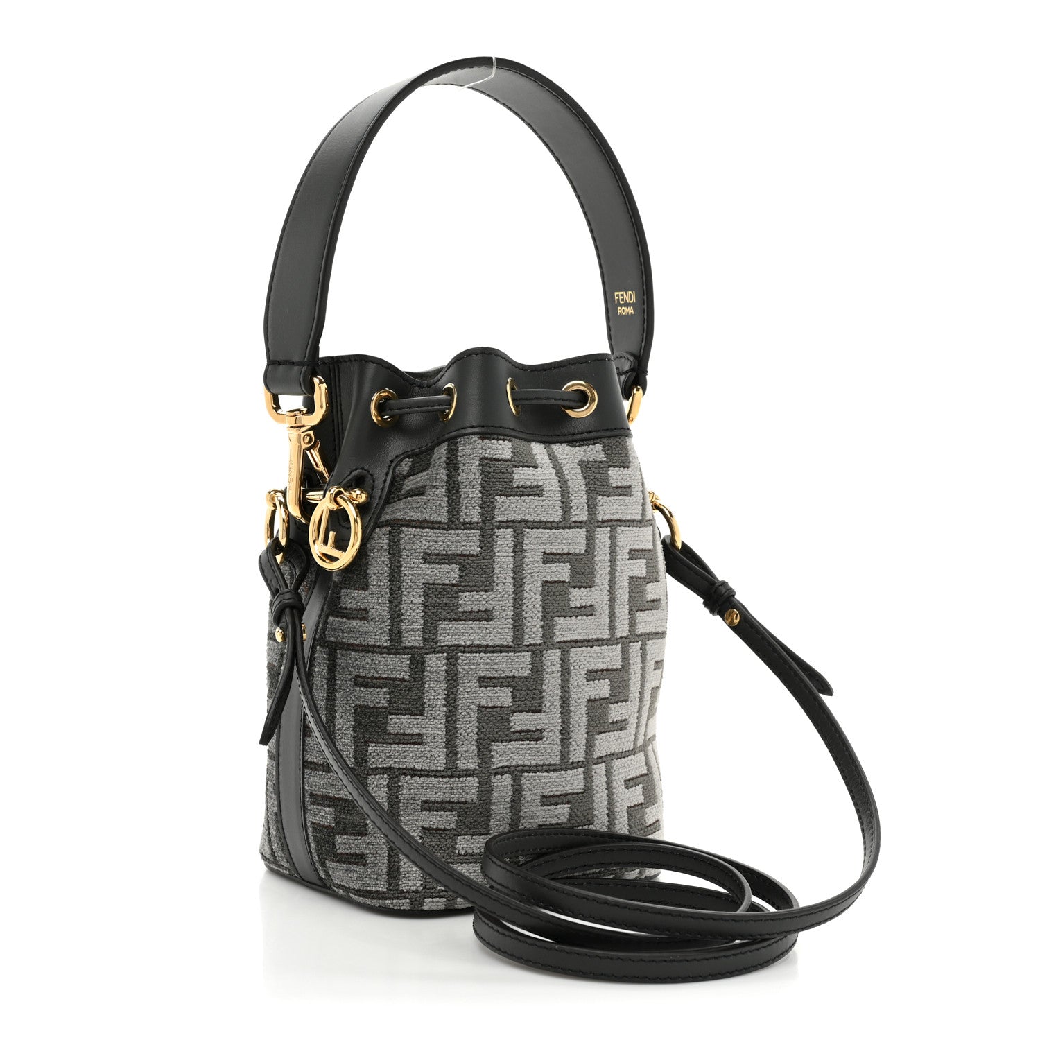 Fendi Chenille Vitello King FF Mini Mon Tresor Bucket Bag Antracite Asfalto 3 of 9
