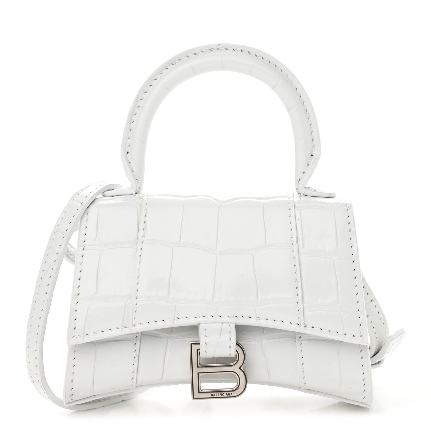 Shiny Calfskin Crocodile Embossed Hourglass Top Handle Bag Mini White