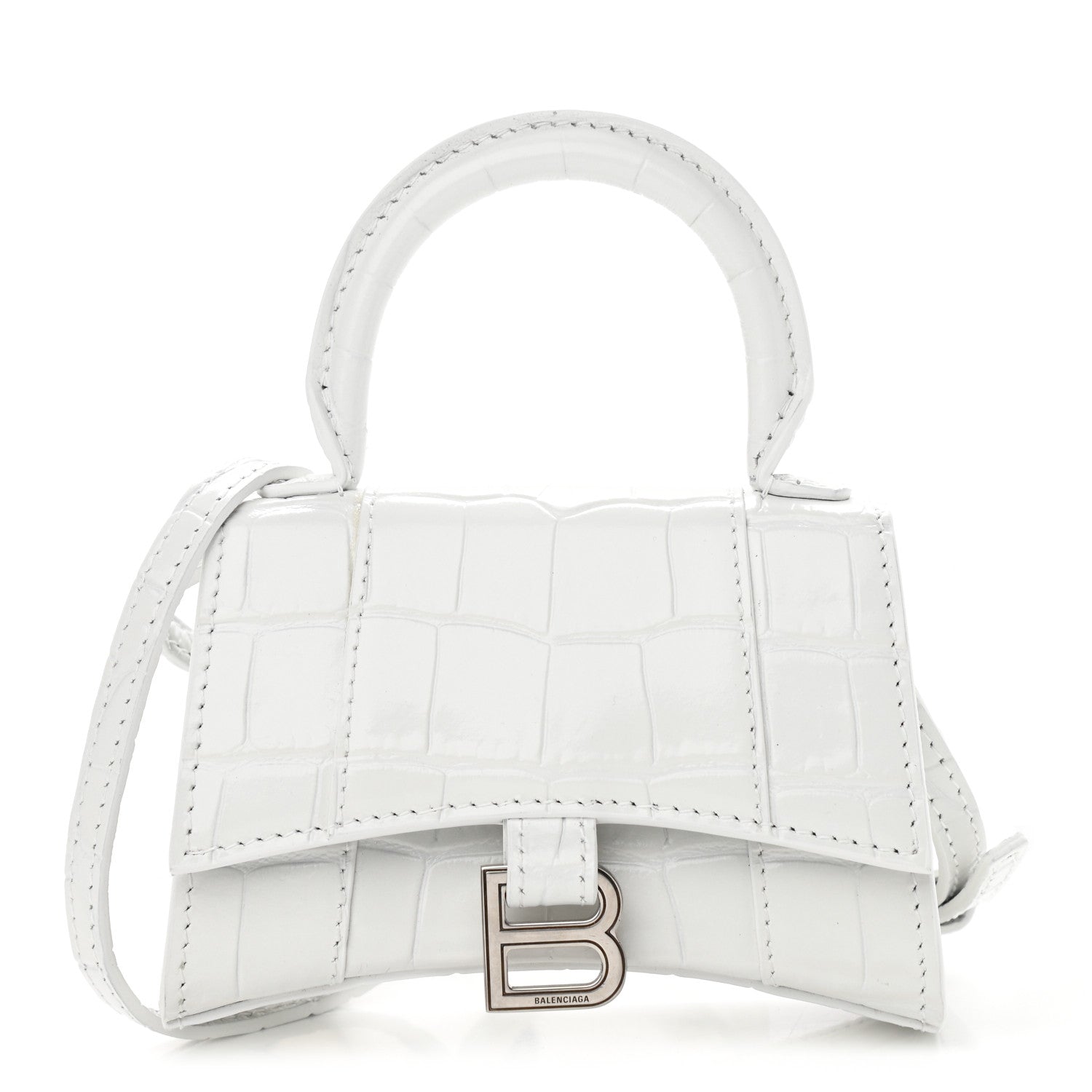 Balenciaga Shiny Calfskin Crocodile Embossed Hourglass Top Handle Bag Mini White 1 of 10