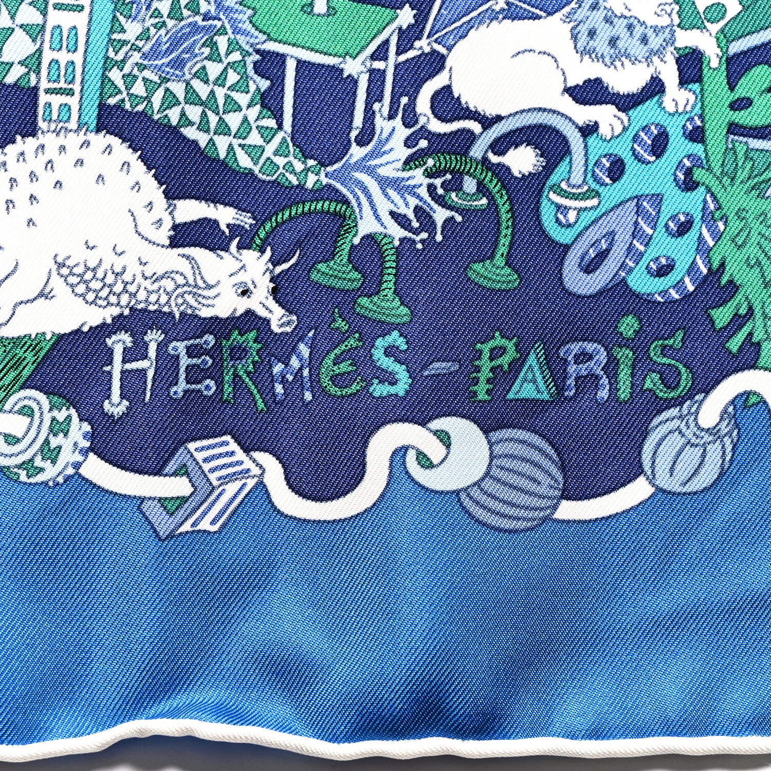 Hermes Silk La Folle Parade Scarf 90 Bleu Azur Encre Menthol 2 of 5
