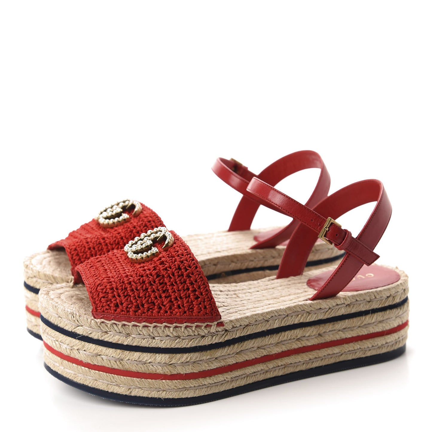 Cotton Malaga Kid Crochet Pearly GG Lilibeth Espadrille Platform Sandals 38 Hibiscus Red