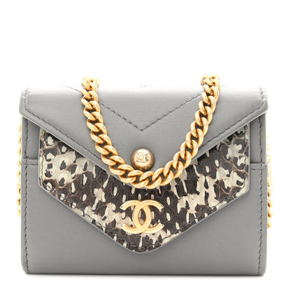 Chanel Calfskin Elaphe Double Chevron Card Case On Chain Grey 1 of 11