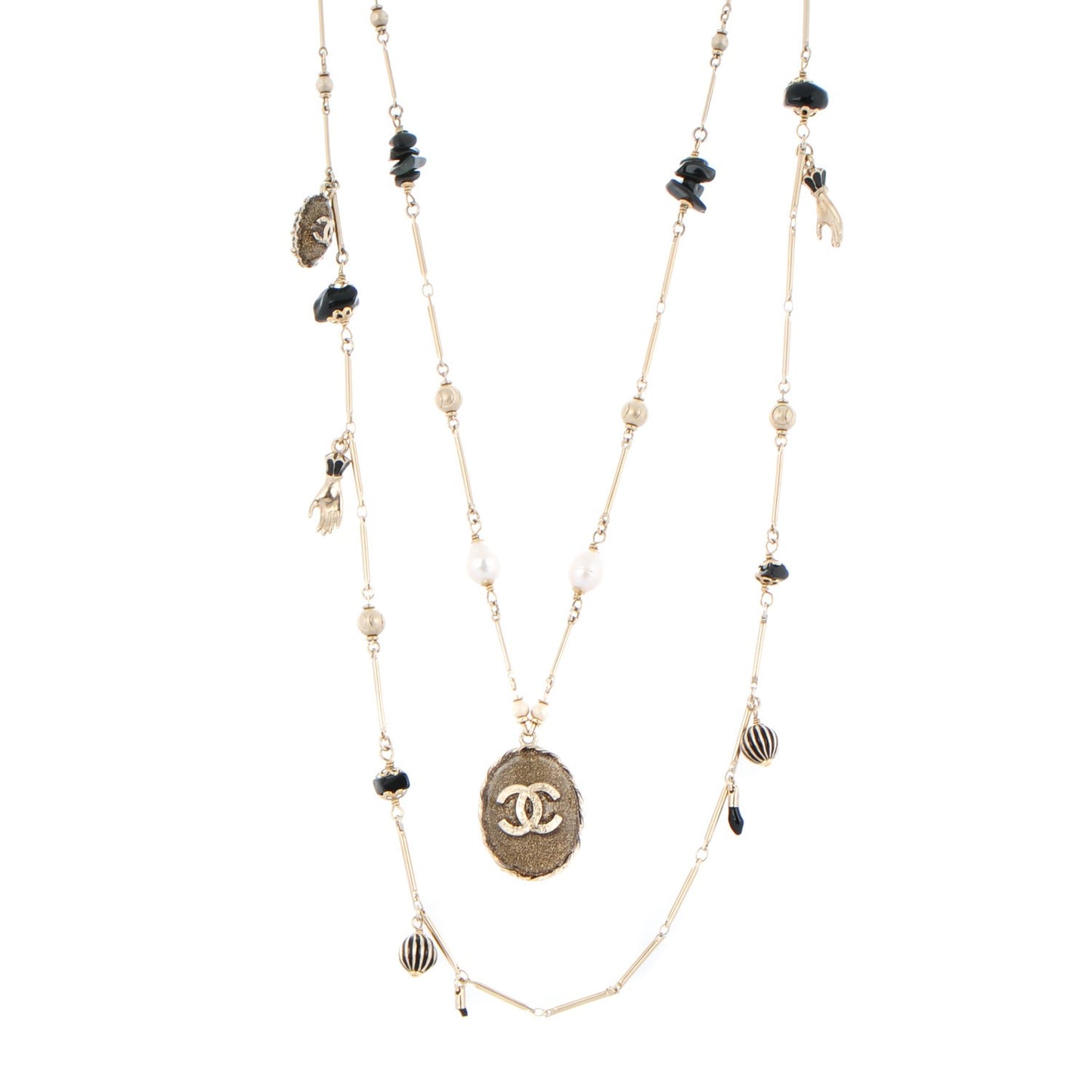 Pearl Stone CC Long Double Strand Necklace Black Gold
