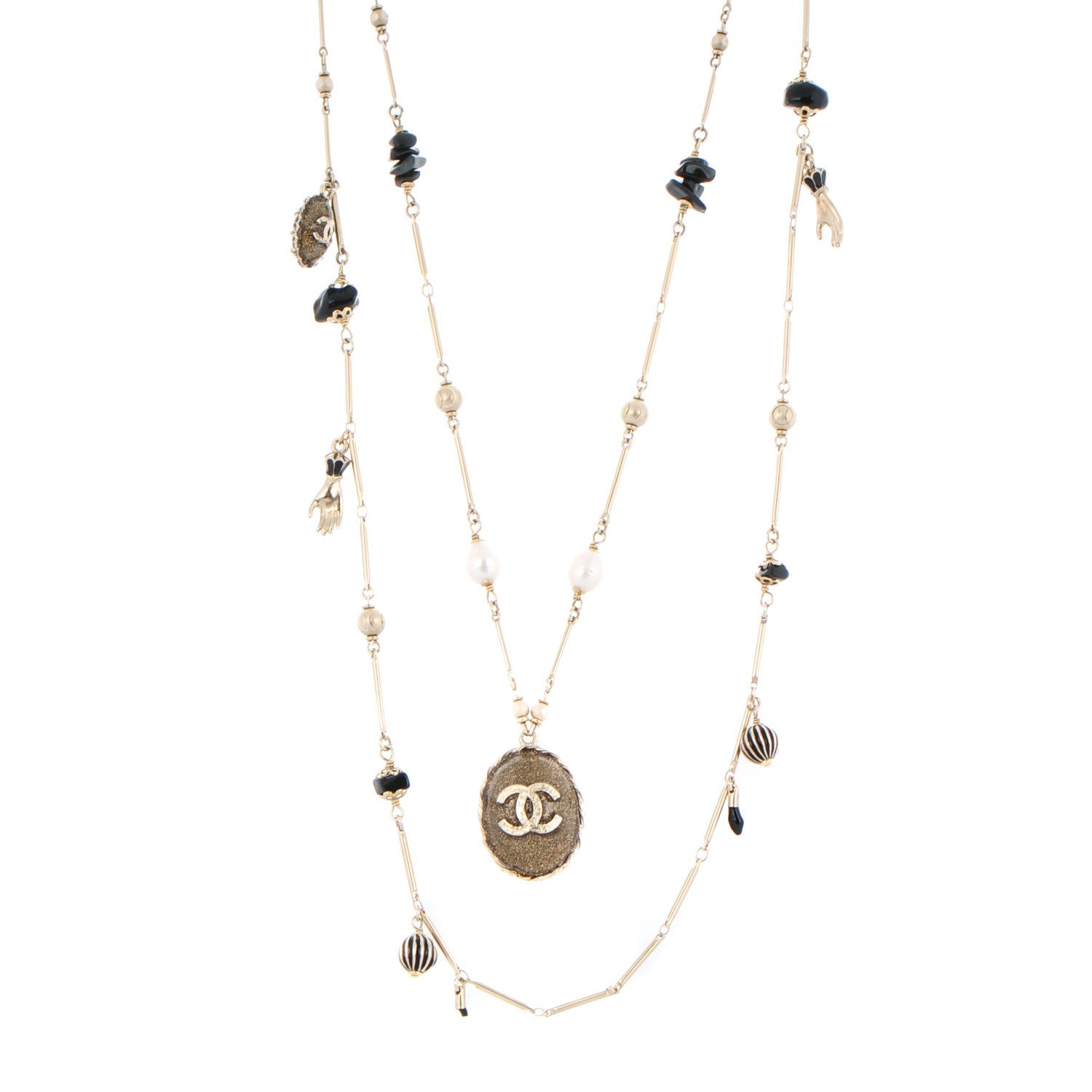 Chanel Pearl Stone CC Long Double Strand Necklace Black Gold 1 of 6