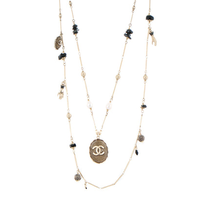 Chanel Pearl Stone CC Long Double Strand Necklace Black Gold 1 of 6