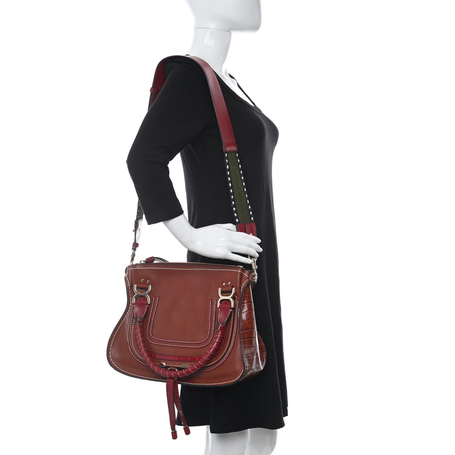 Calfskin Crocodile Embossed Medium Marcie Satchel Sepia