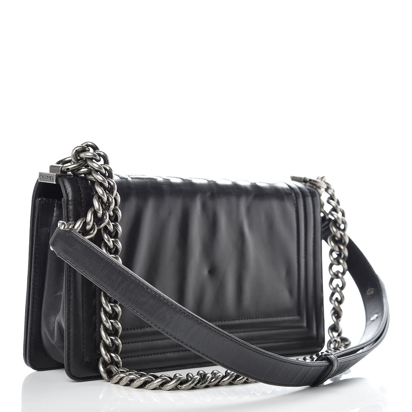 Glazed Calfskin Medium Boy Flap Black