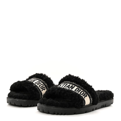 Christian Dior Shearling Canvas Lurex Embroidered Dway 10mm Slide Sandals 36 Black Natural 3 of 9