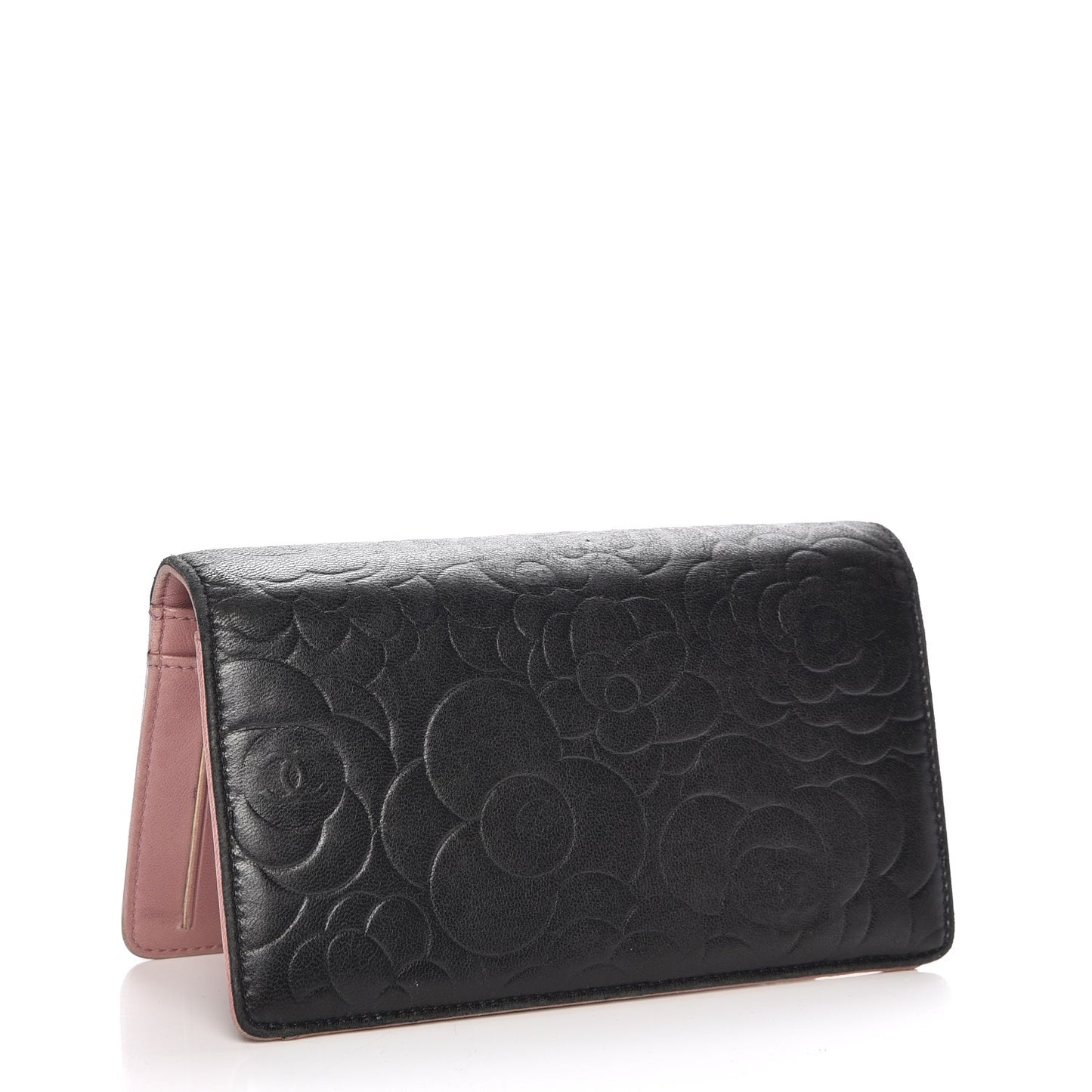 Lambskin Camellia Embossed Yen Wallet Black