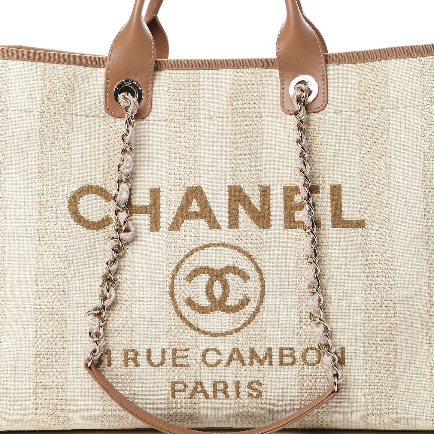 Straw Raffia Calfskin Striped Large Deauville Tote Beige