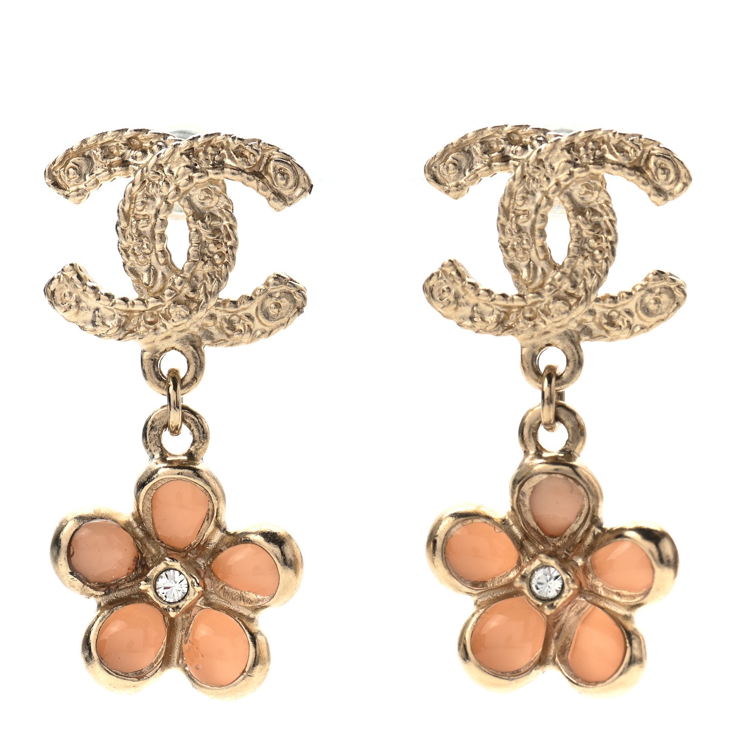 Chanel Crystal CC Flower Drop Earrings Pink Gold 1 of 4