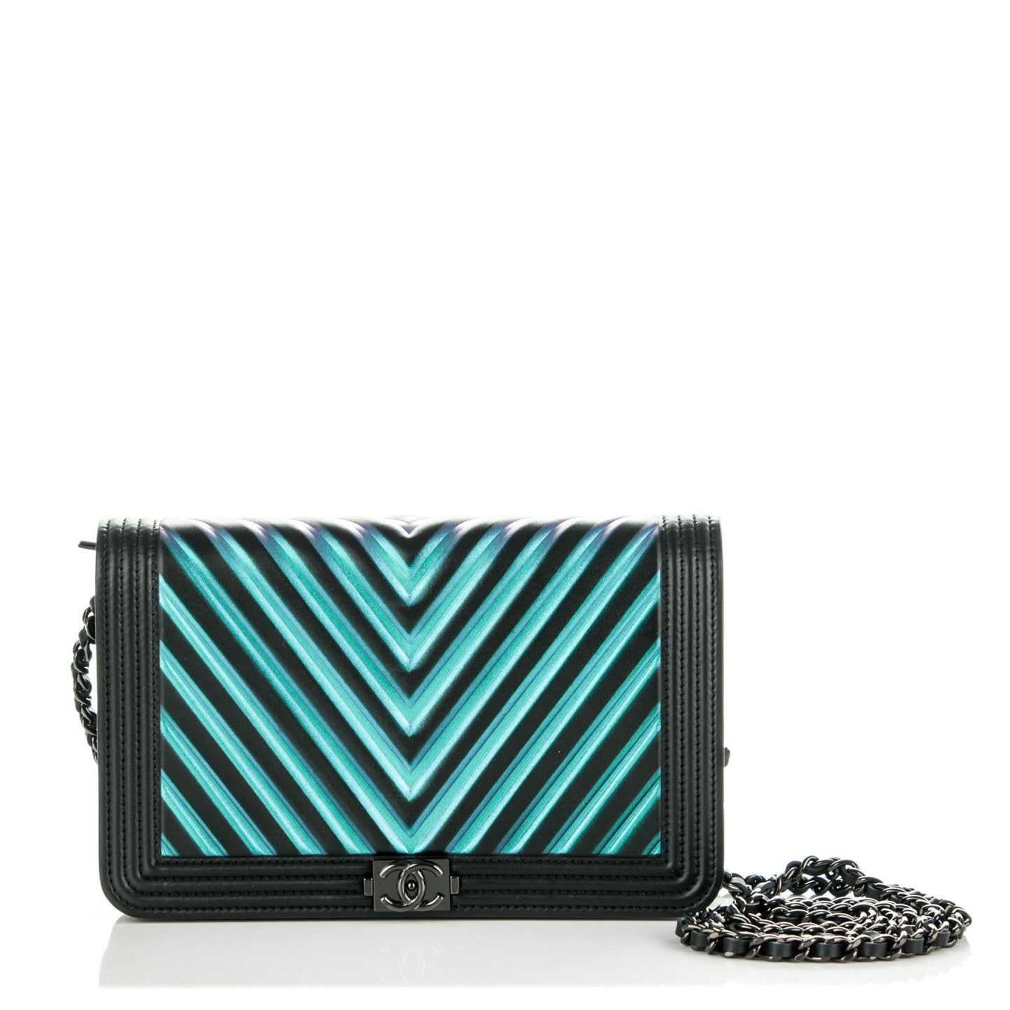 Calfskin Painted Chevron Embossed Boy Wallet On Chain WOC Black