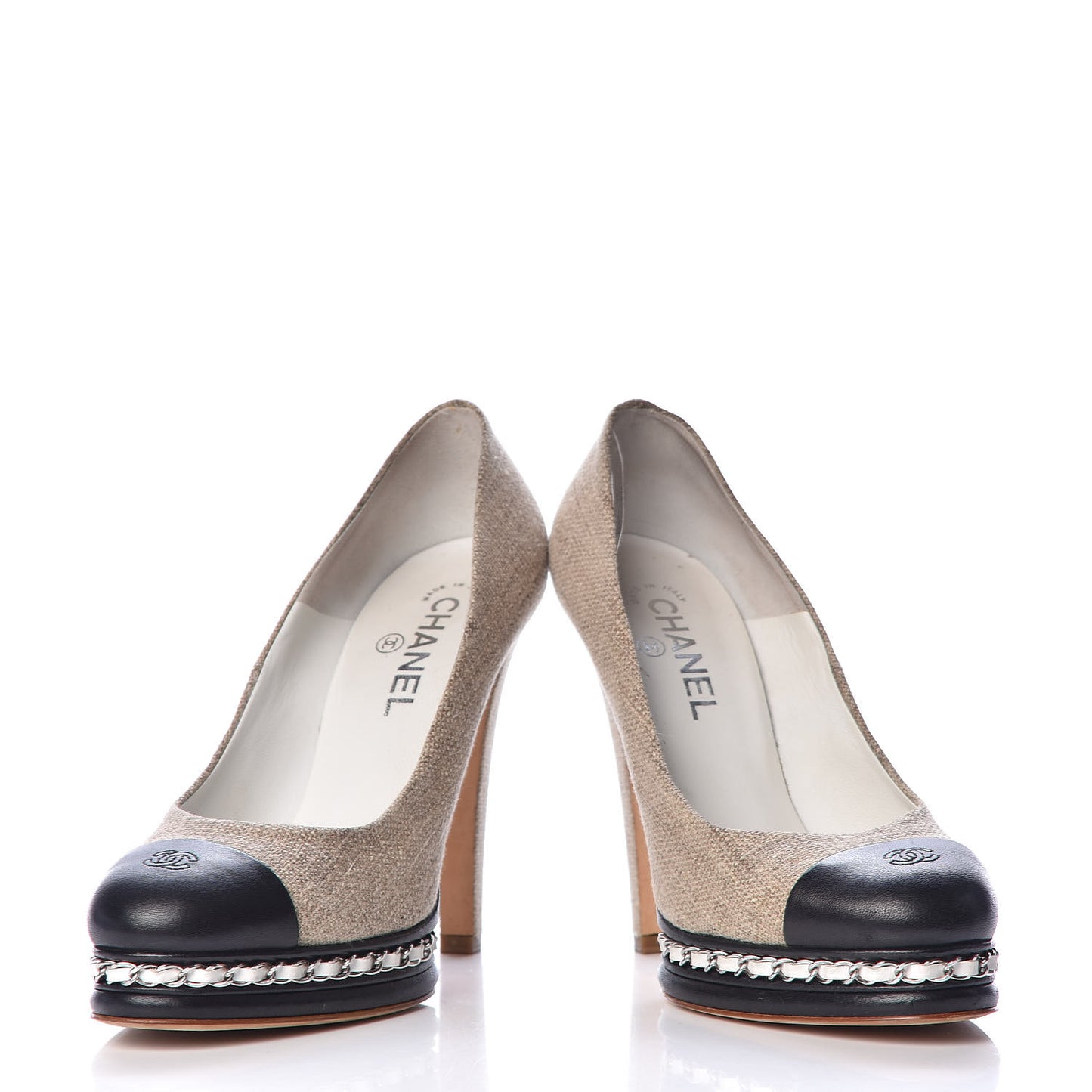 Linen Lambskin CC Chain Cap Toe Platform Pumps 40 Beige Fonce Black