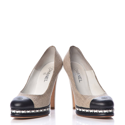 Chanel Linen Lambskin CC Chain Cap Toe Platform Pumps 40 Beige Fonce Black 6 of 11