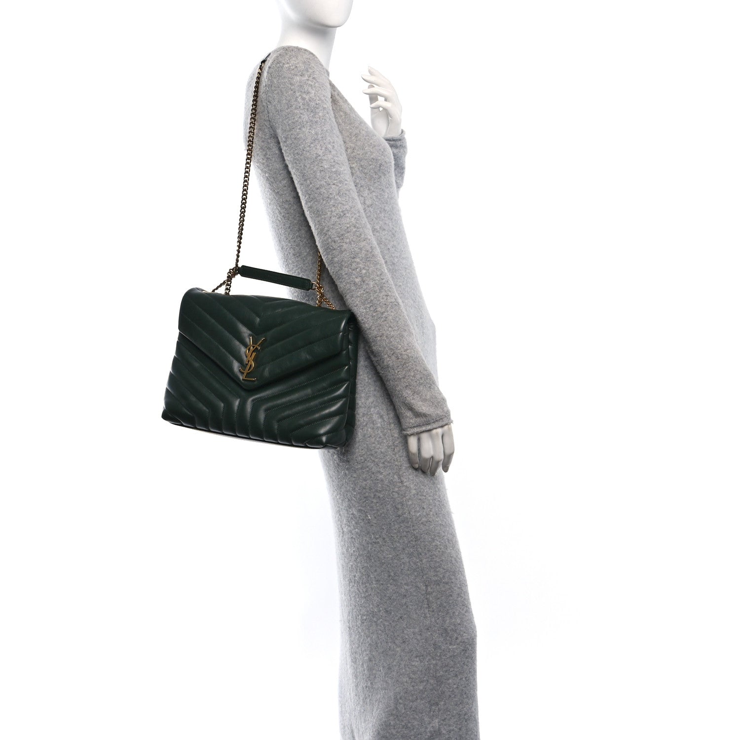 Saint Laurent Calfskin Y Quilted Monogram Medium Loulou Chain Satchel Vert Fonce 3 of 10