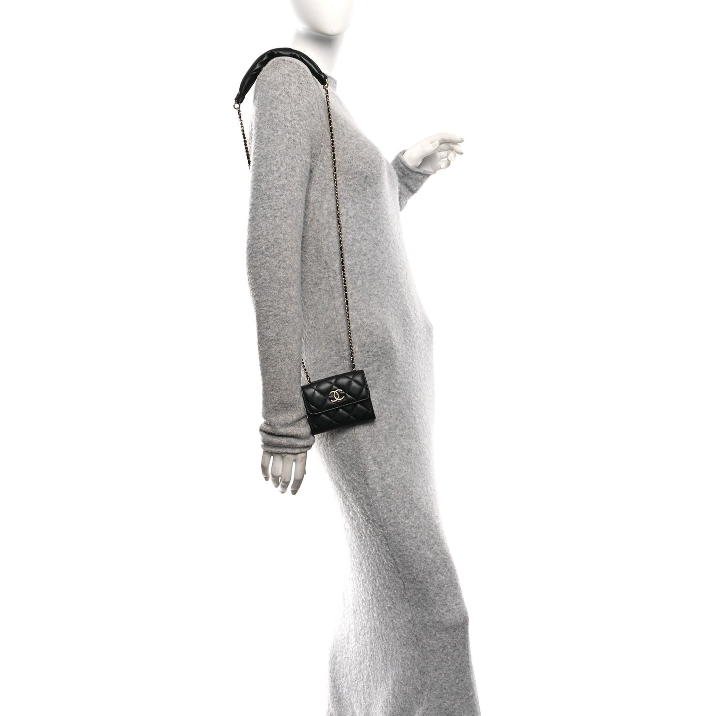 Lambskin Quilted Card Holder with Chain Black
