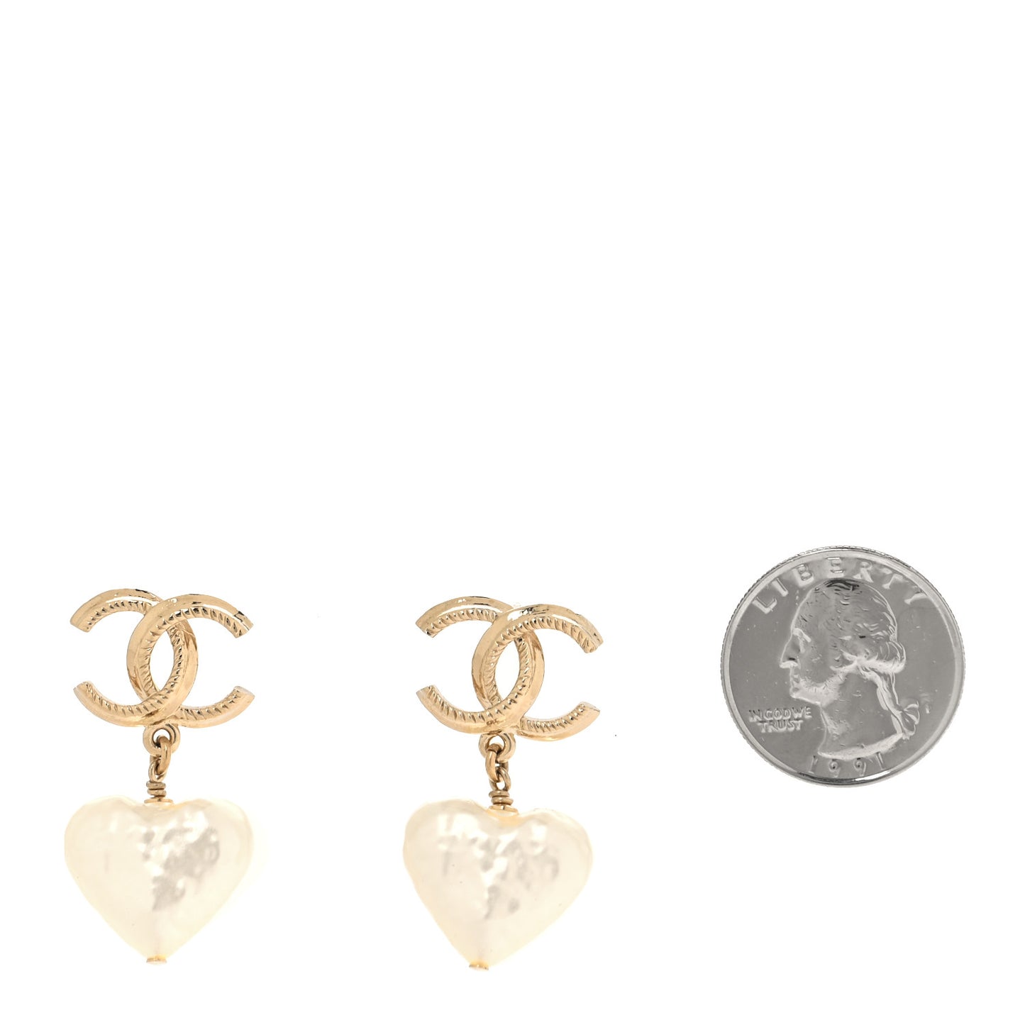 Pearl CC Heart Drop Earrings Gold
