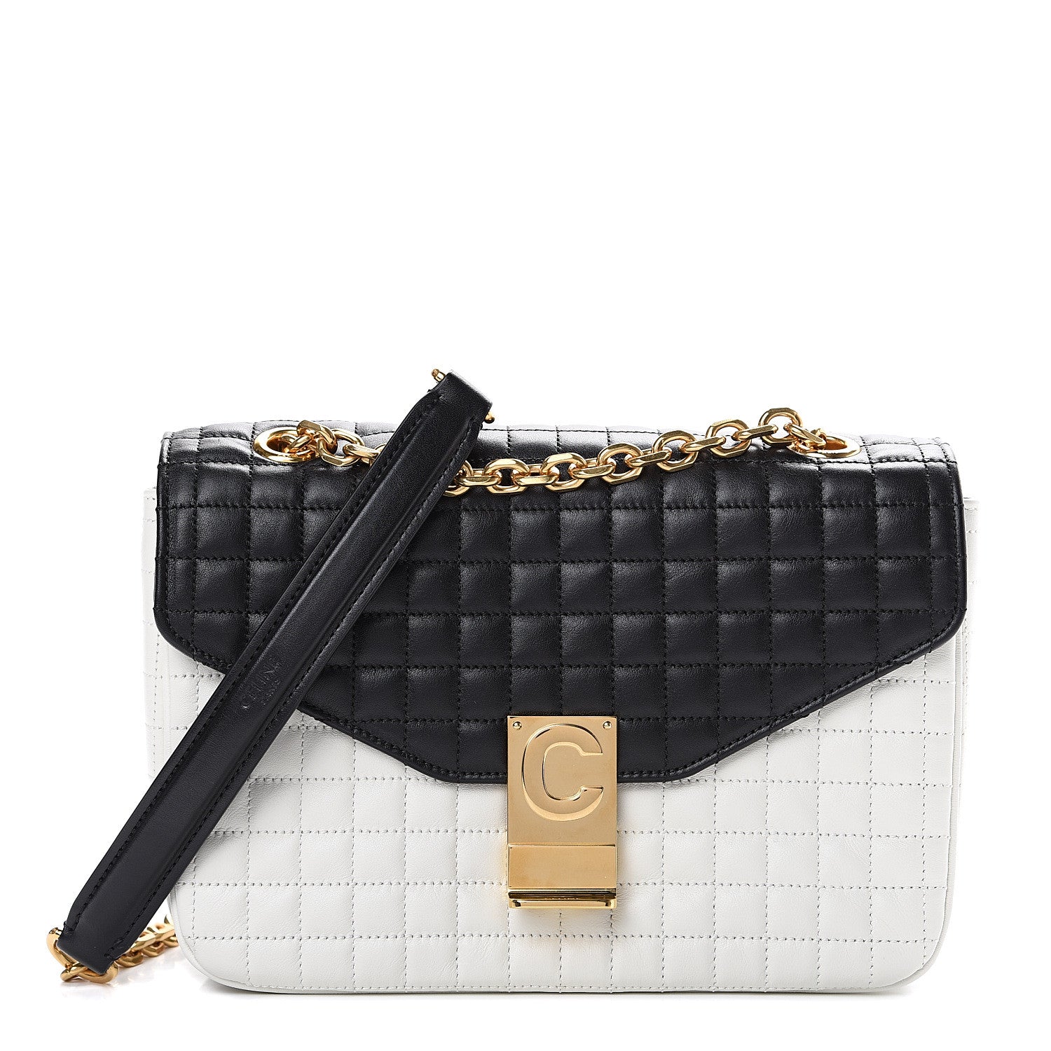 Celine Calfskin Quilted Medium C Bag Black White 1 of 10