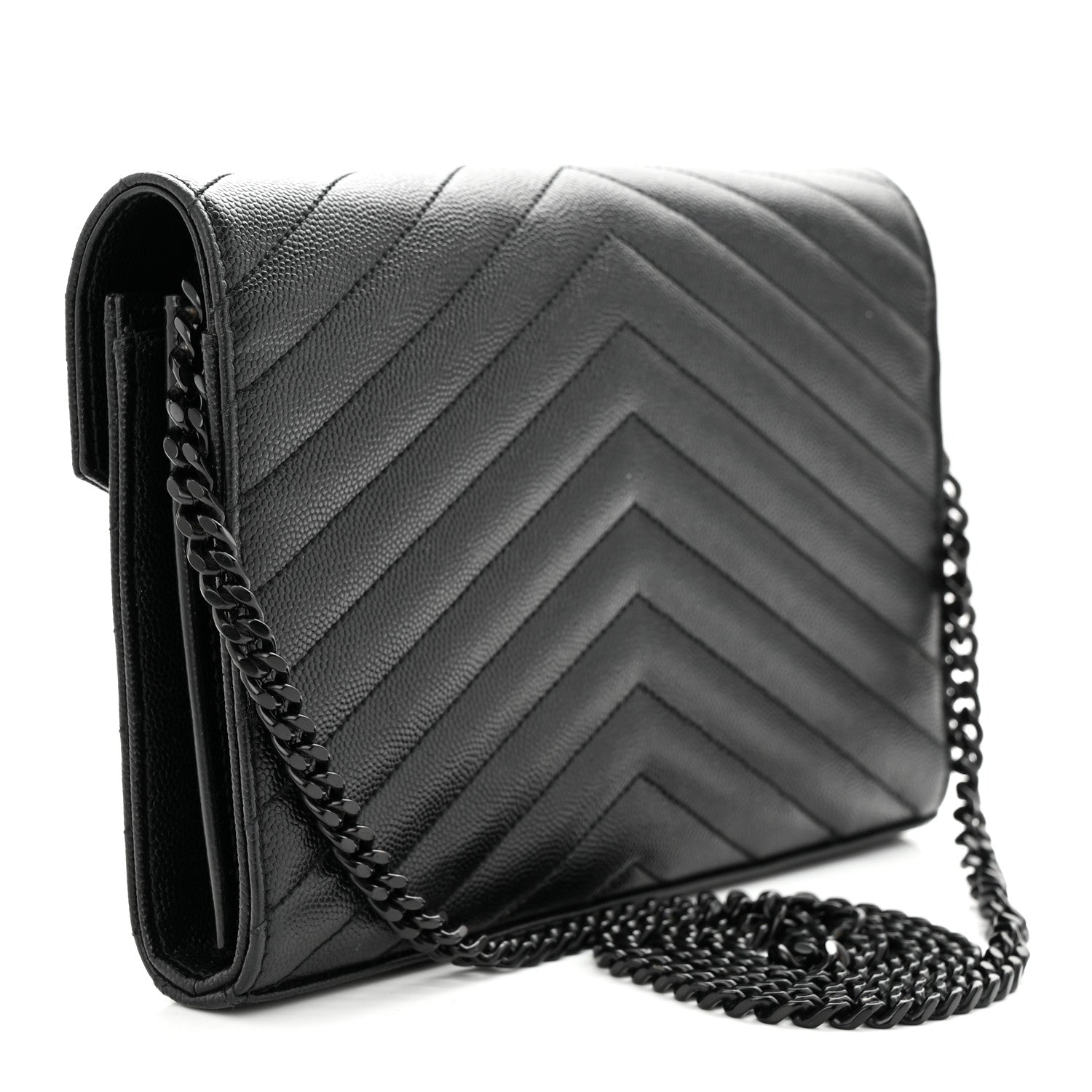 Saint Laurent Grain De Poudre Matelasse Chevron Monogram Monochrome Chain Wallet Black 3 of 11