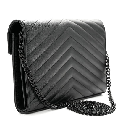 Saint Laurent Grain De Poudre Matelasse Chevron Monogram Monochrome Chain Wallet Black 3 of 11