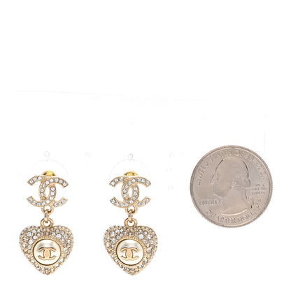 Chanel Pearl Crystal CC Heart Drop Earrings Gold White 2 of 4