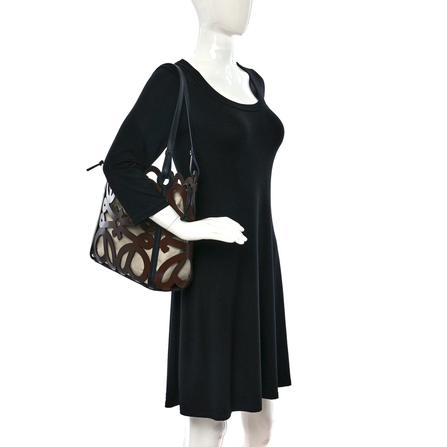 Smooth Calfskin Small Anagram Cutout Tote Brown Black