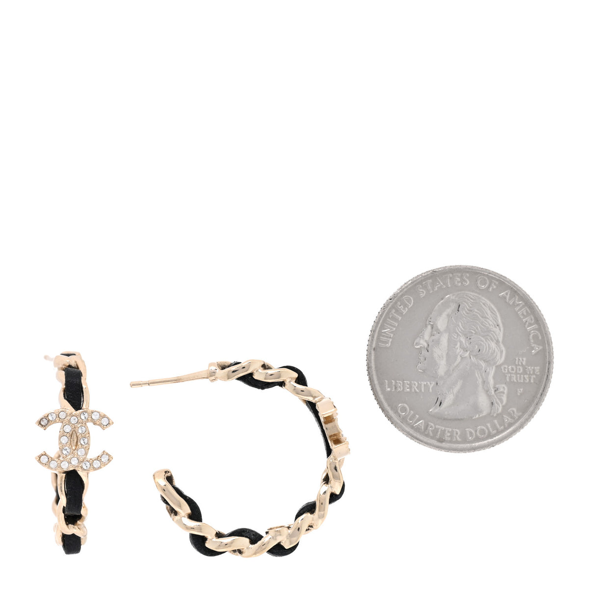 Chanel Metal Lambskin Quilted CC Turnlock Chain Hoop Earrings Gold Black 2 of 4