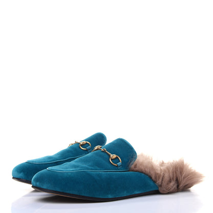 Gucci Velvet Fur Womens Princetown Slippers 38 Cyan 3 of 11
