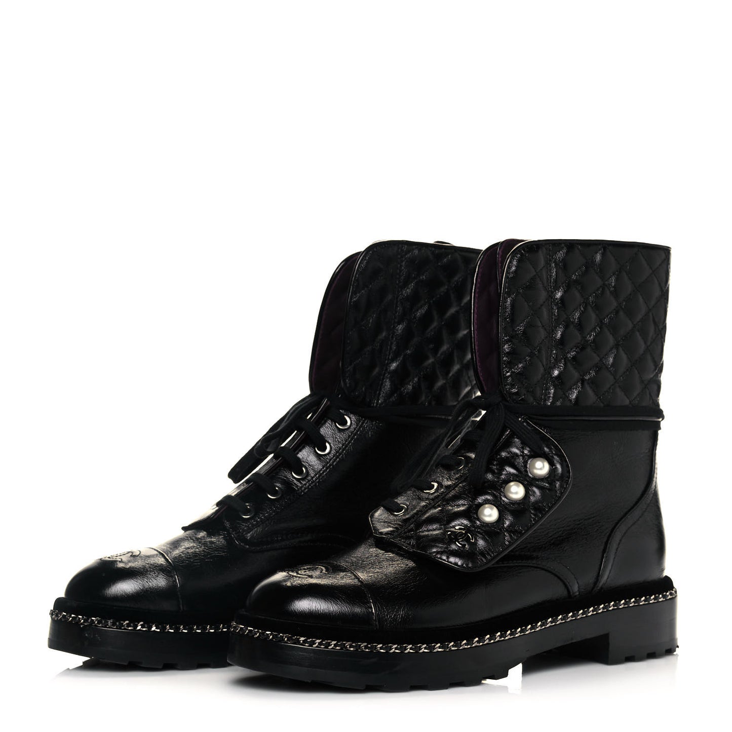 Crackled Calfskin Velvet Pearl Combat Ankle Boots 39.5 Black