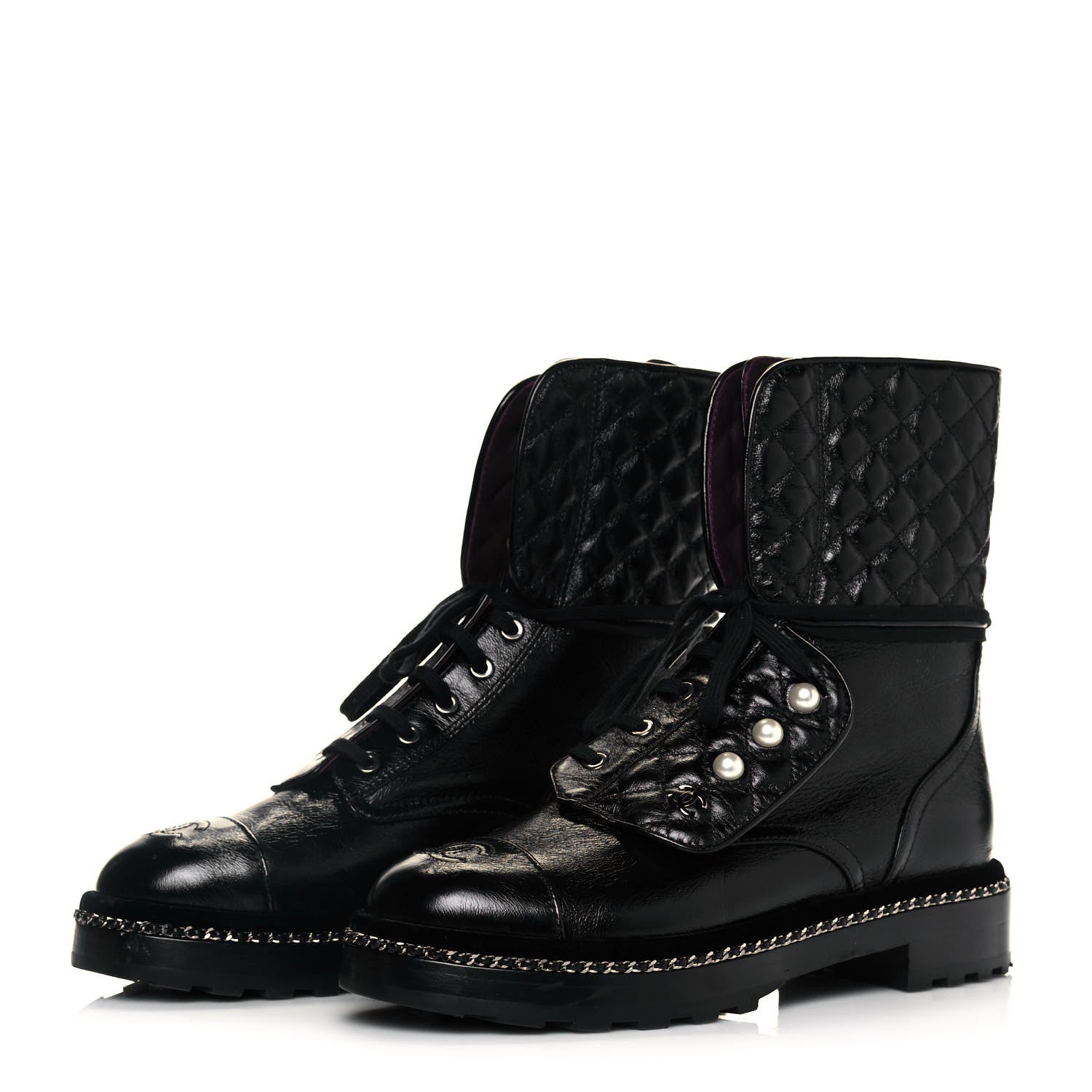 Chanel Crackled Calfskin Velvet Pearl Combat Ankle Boots 39.5 Black 3 of 8