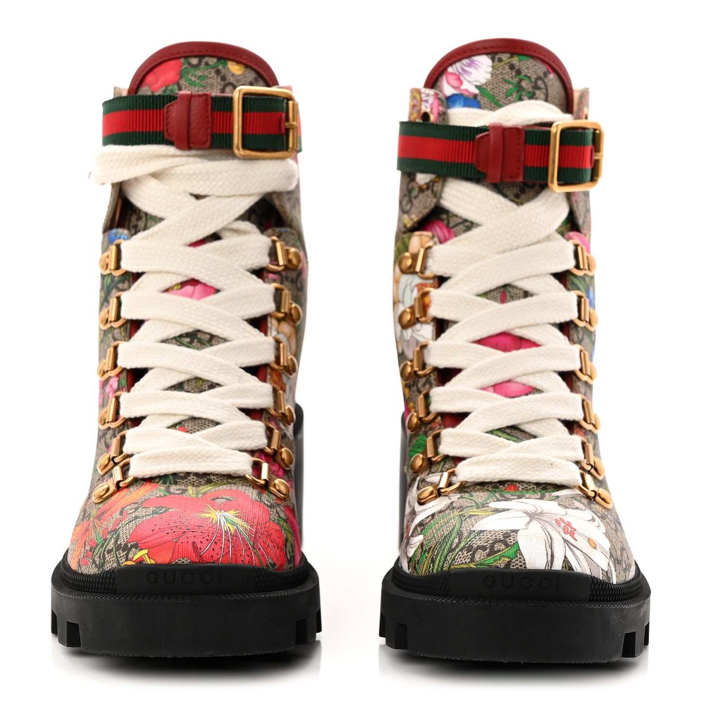 GG Supreme Monogram Flora Lace Up Combat Ankle Boots 37 Beige Multicolor Red