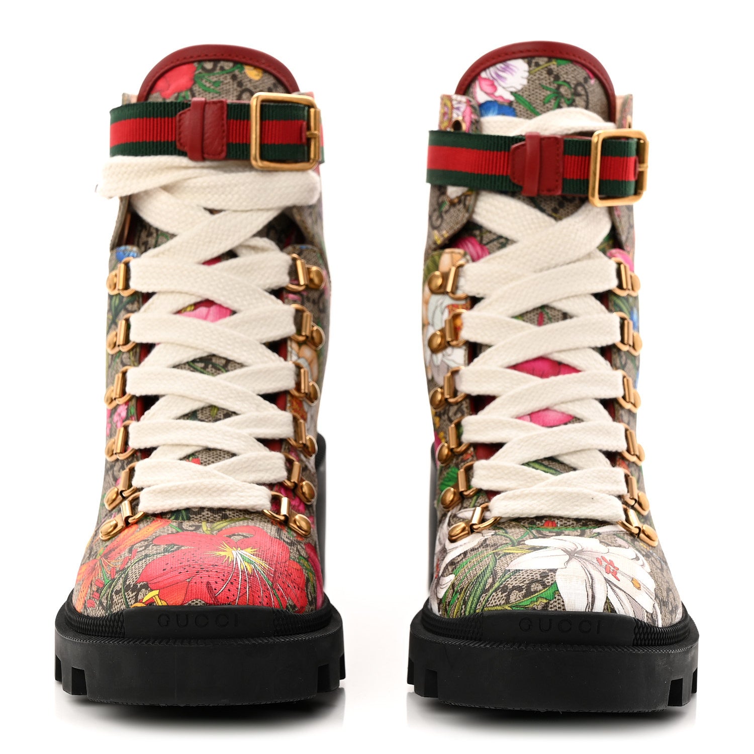 Gucci GG Supreme Monogram Flora Lace Up Combat Ankle Boots 37 Beige Multicolor Red 3 of 10