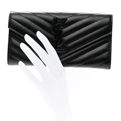 Saint Laurent Grain De Poudre Matelasse Chevron Monogram Flap Wallet Black 2 of 7