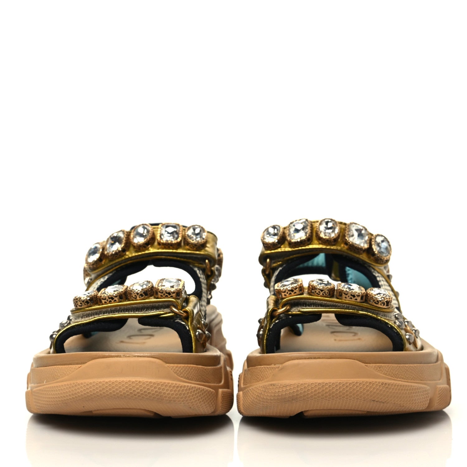 Gucci Silk Calfskin Mesh Crystal Embellished Studded Womens Aguru Sandals 36 Gold 2 of 9