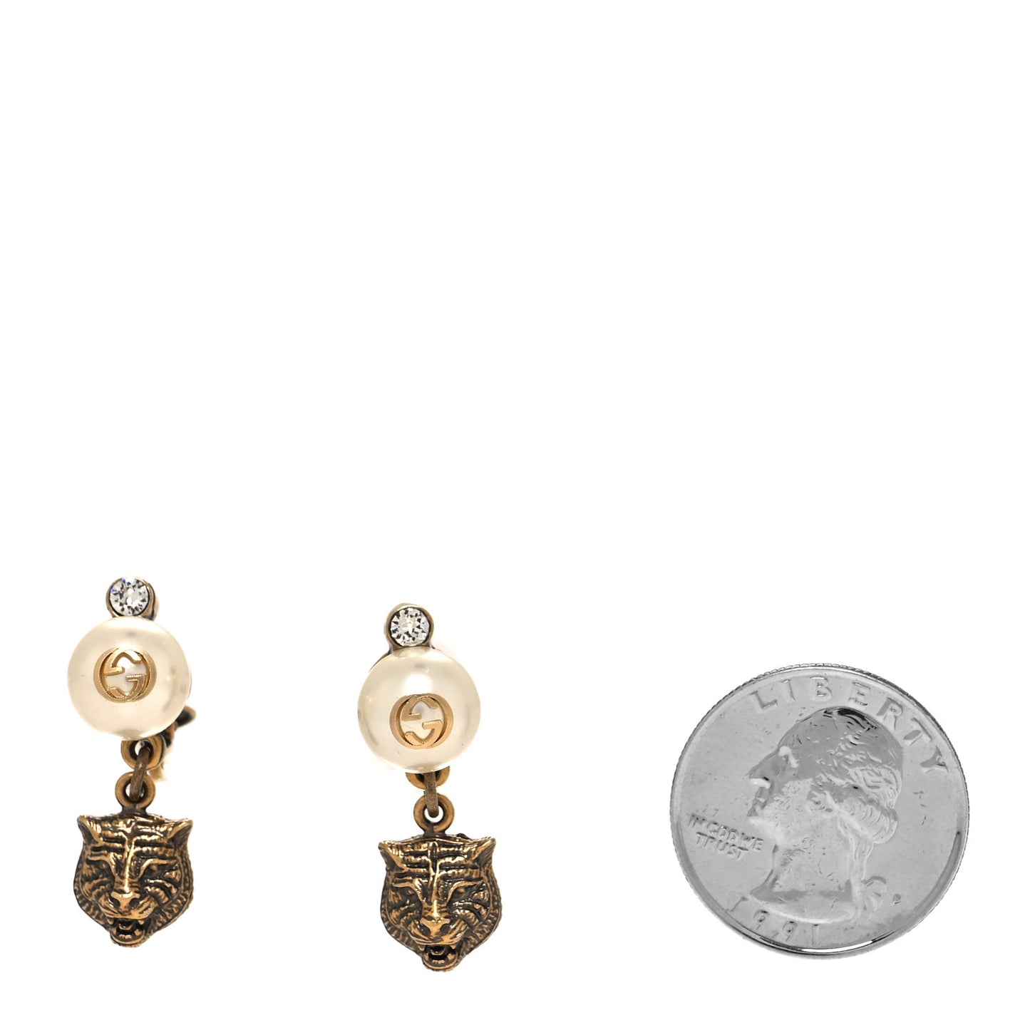 Metal Crystal Resin Pearl Feline Clip On Earrings Aged Gold