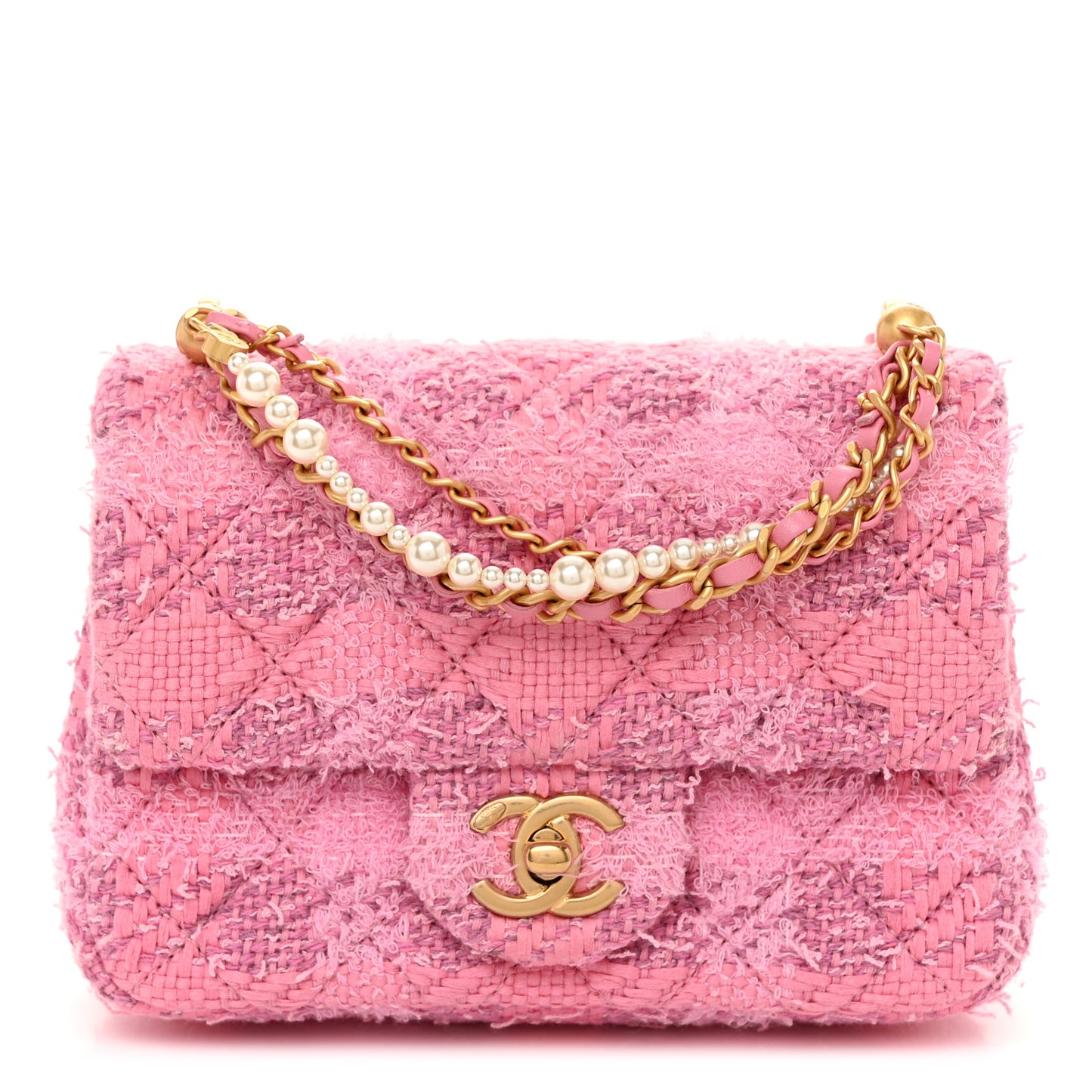 Tweed Quilted Pearl Twist Mini Square Flap Pink Dark Pink
