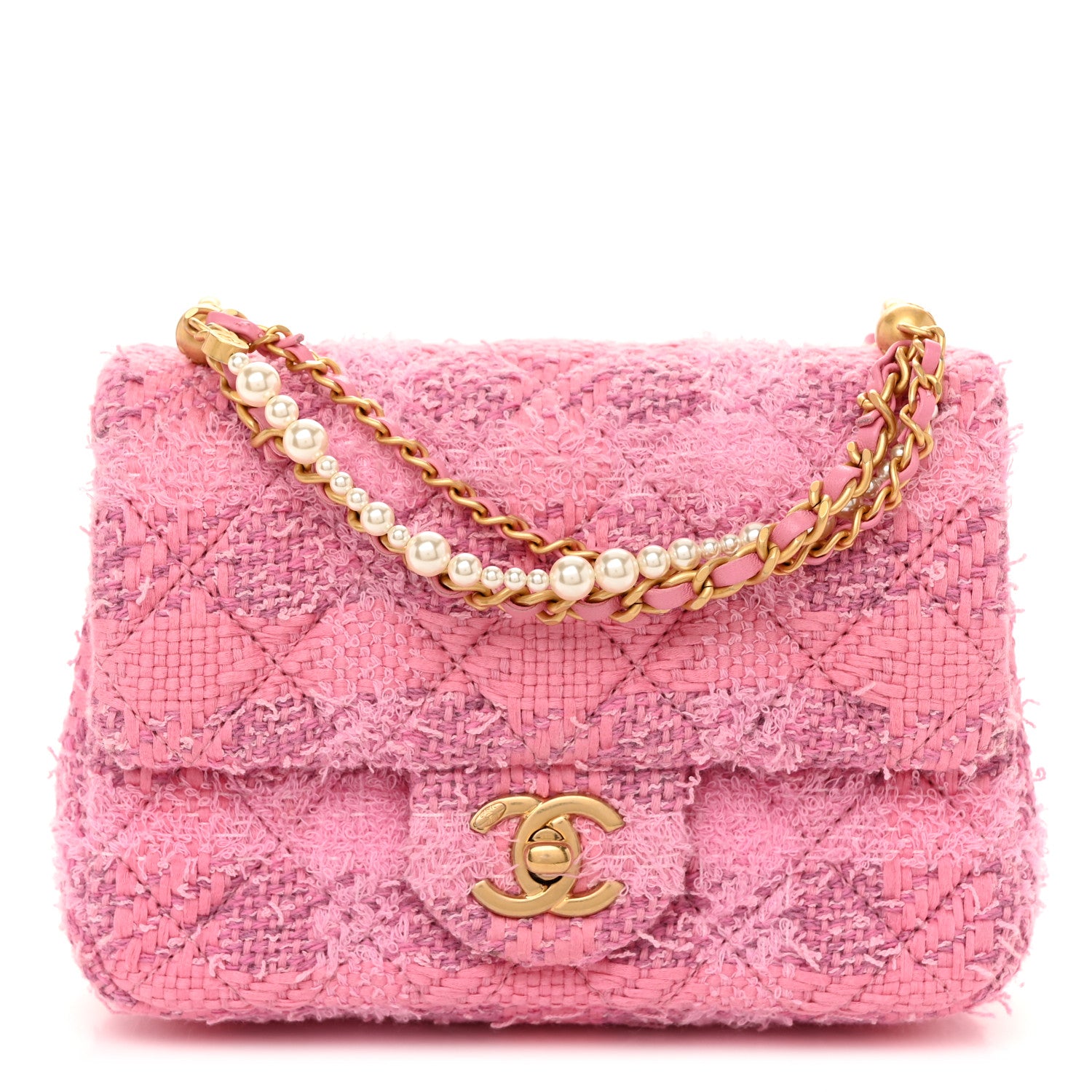 Chanel Tweed Quilted Pearl Twist Mini Square Flap Pink Dark Pink 1 of 11