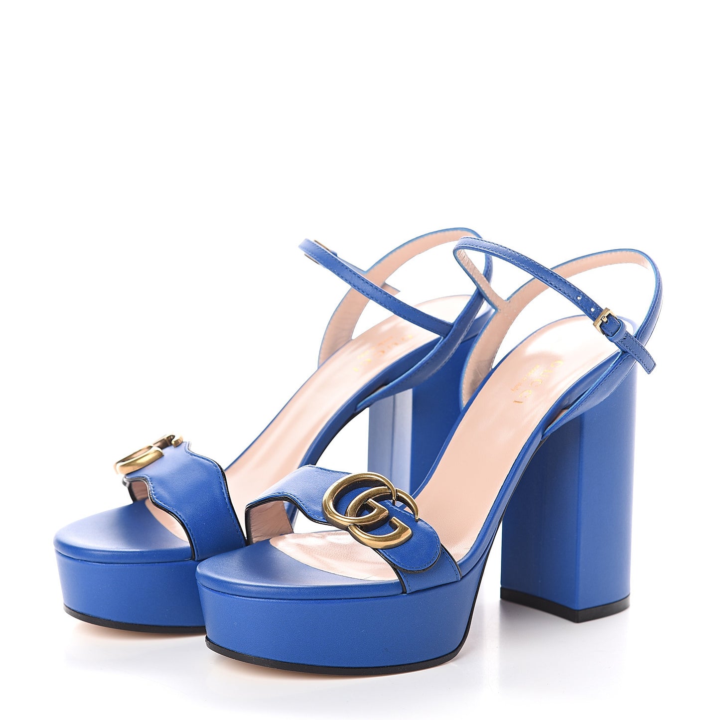 Calfskin GG Marmont Ankle Wrap 30/115mm Platform Sandals 36.5 Bright Blue